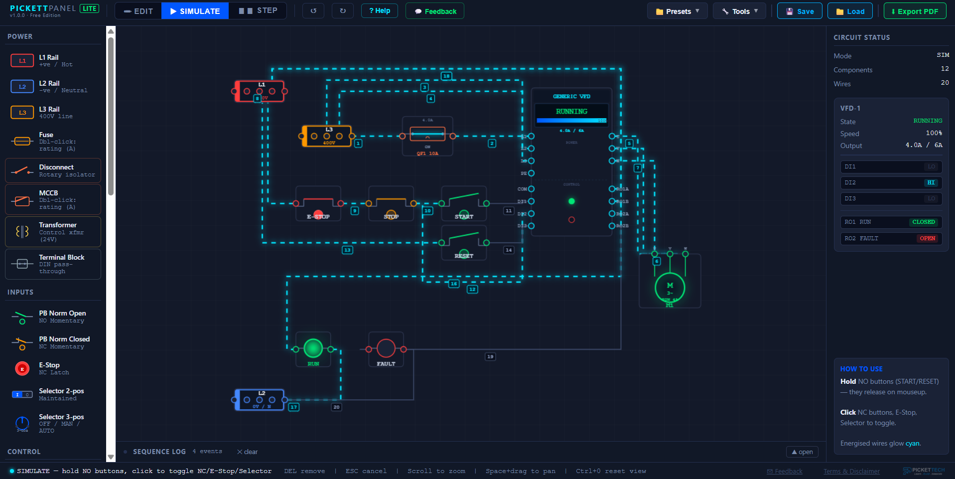 PickettPanel simulator showing a VFD drive circuit running with live current flow, 3-phase motor and sequence log